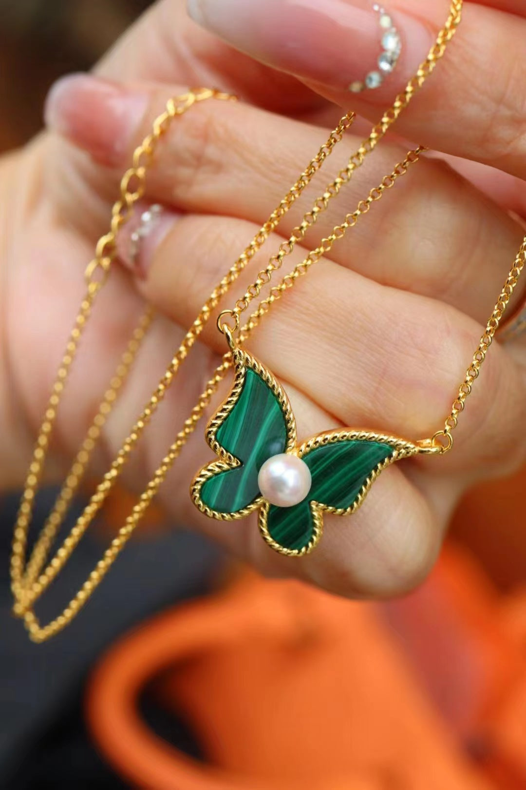 (N18) 925 Silver Malachite Pearl Necklace (Butterfly Style )$69