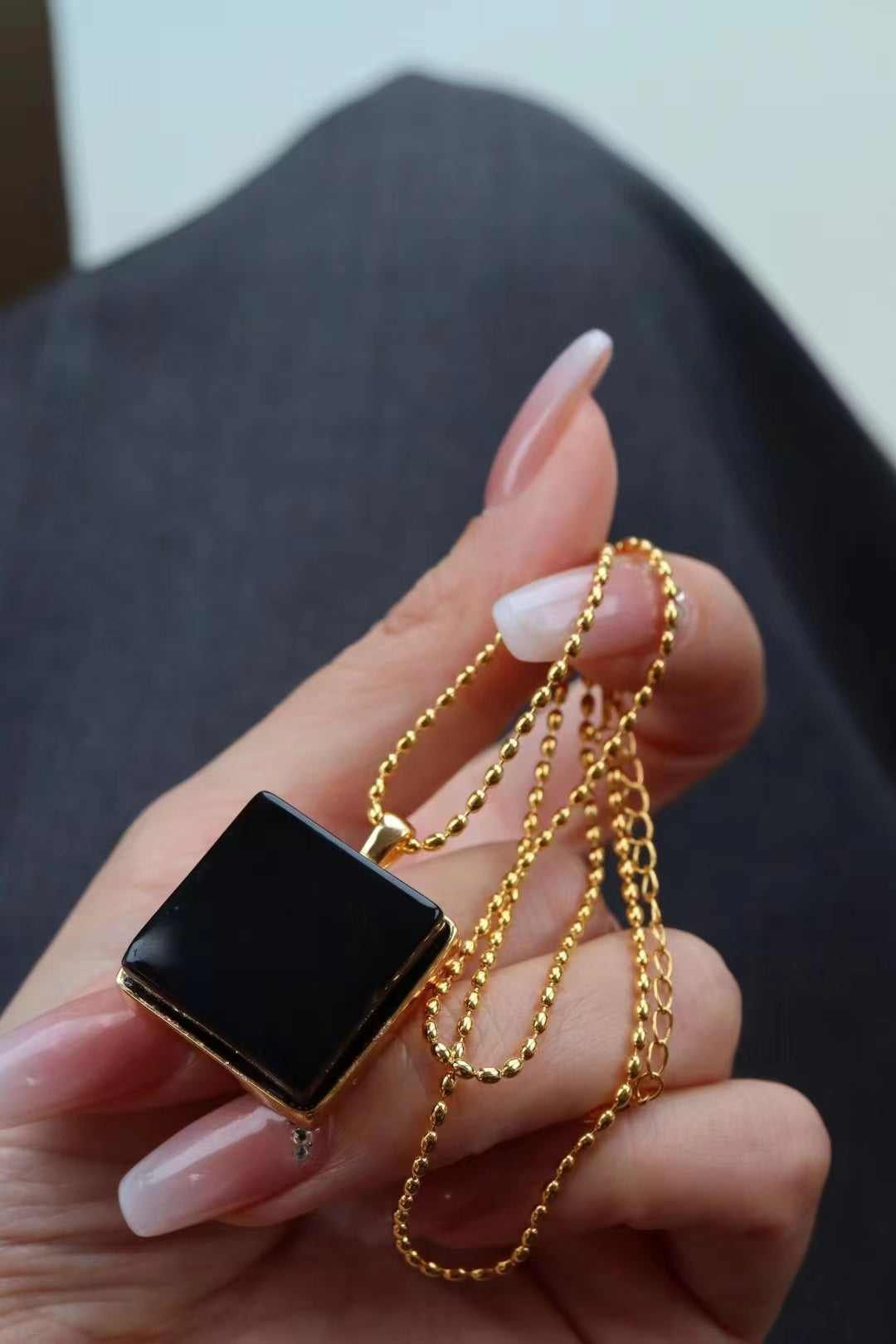 (N19) Black Agate Pendant Necklace 925 Silver