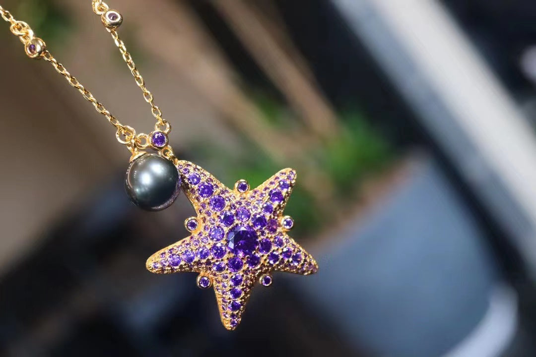 (N20) 925 Silver TTahitian Pearl Necklace Starfish Shape $79