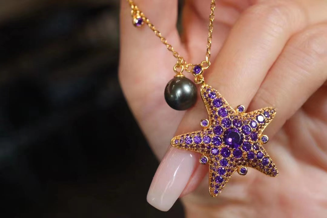 (N20) 925 Silver TTahitian Pearl Necklace Starfish Shape $79