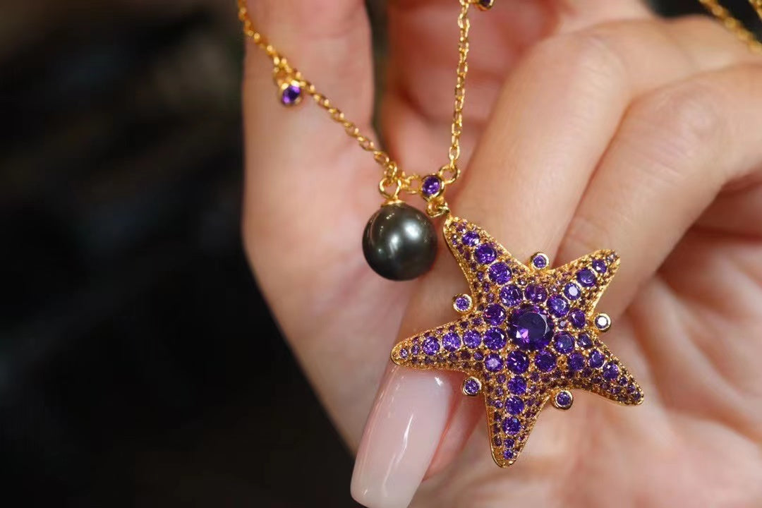 (N20) 925 Silver TTahitian Pearl Necklace Starfish Shape $79