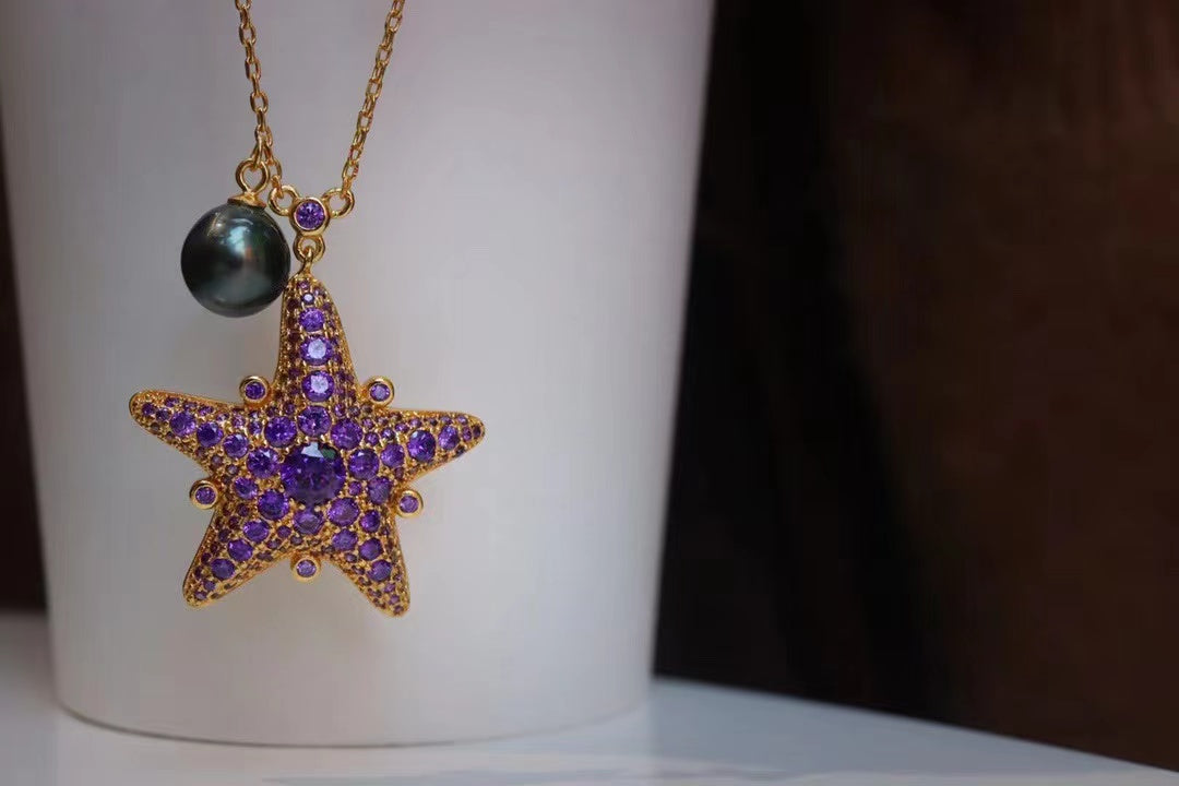 (N20) 925 Silver TTahitian Pearl Necklace Starfish Shape $79