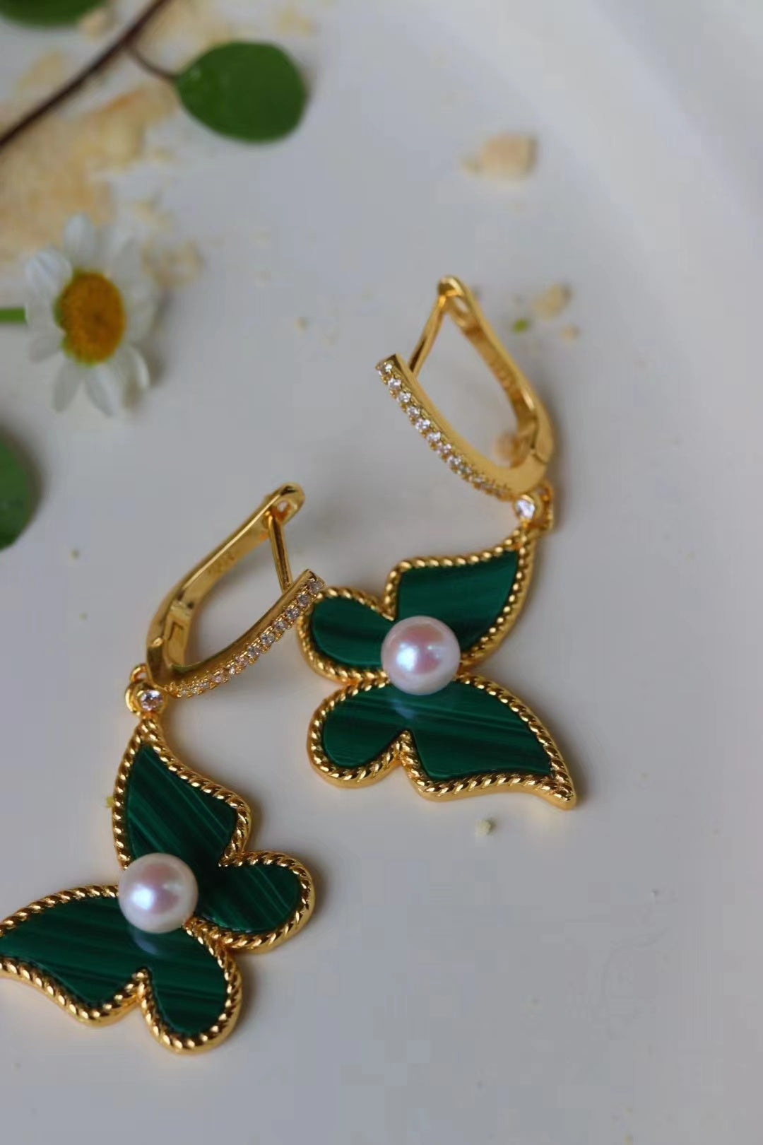 [E20] 925 Silver Malachite Pearl Earrings（ Butterfly Style） $69