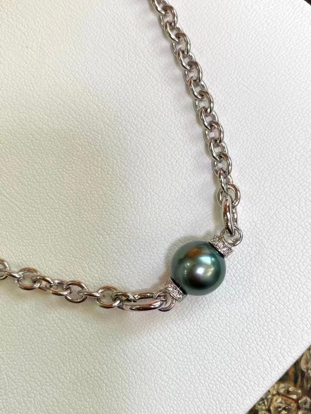 (N23) 925 Silver Tahitian Black Pearl Necklace$139