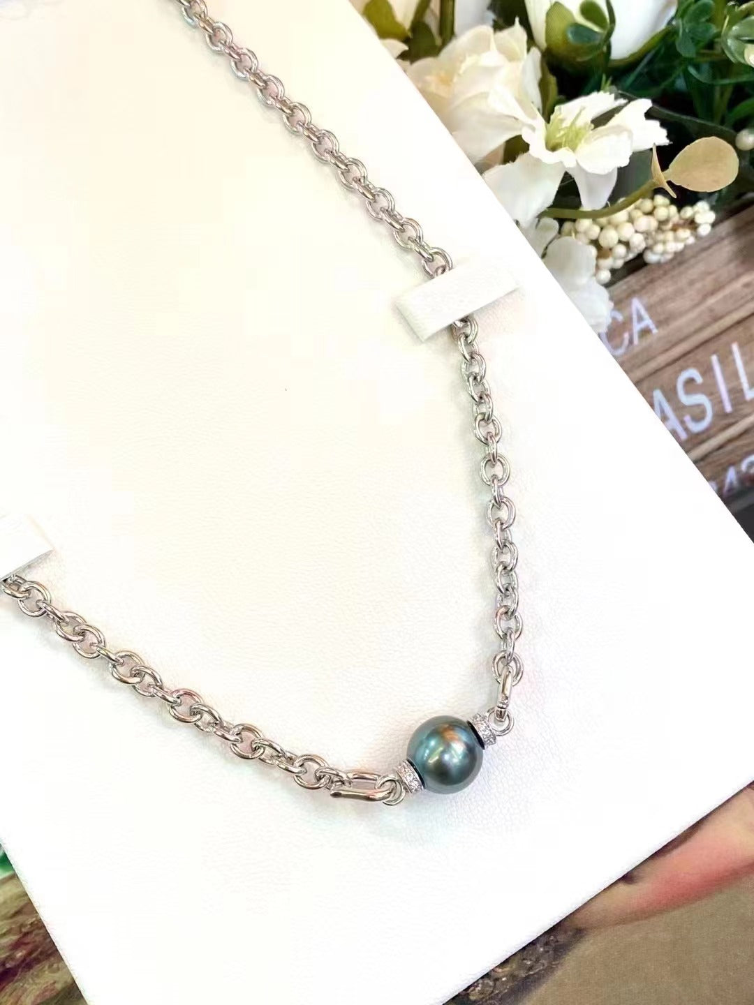(N23) 925 Silver Tahitian Black Pearl Necklace$139