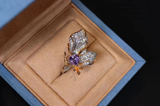 [R26] 925 Silver Natural Amethyst Ring Butterfly Style $49