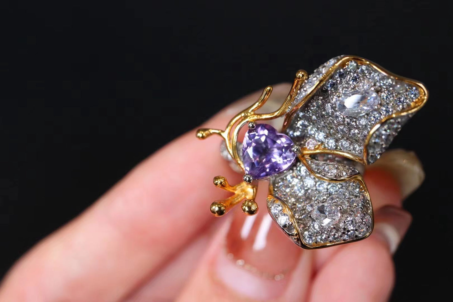 [R26] 925 Silver Natural Amethyst Ring Butterfly Style $49