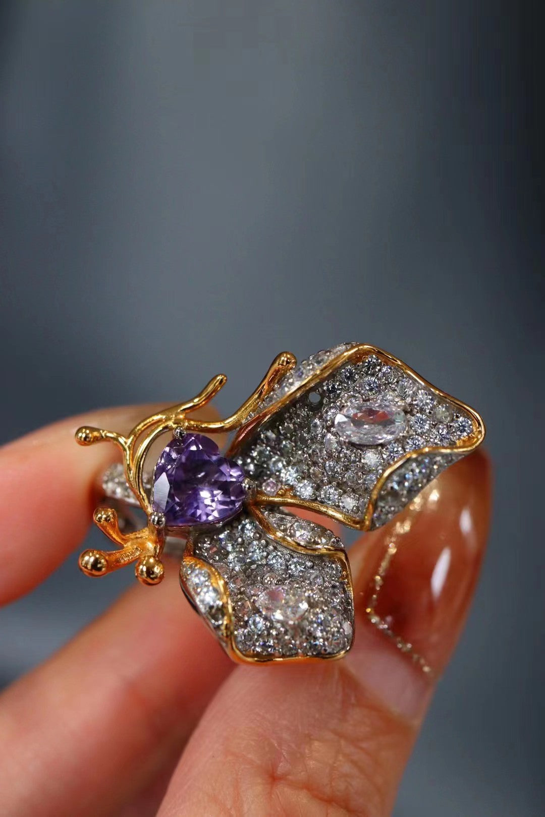 [R26] 925 Silver Natural Amethyst Ring Butterfly Style $49